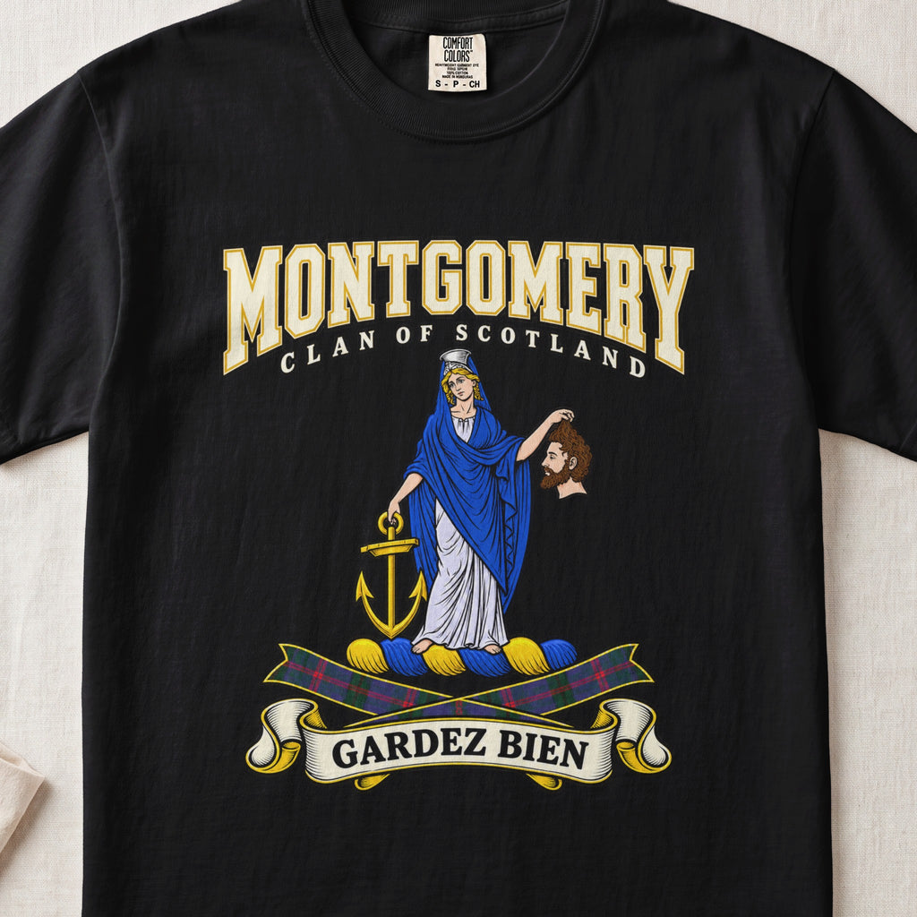 Montgomery Scottish clan graphic T-shirt in Black, front view