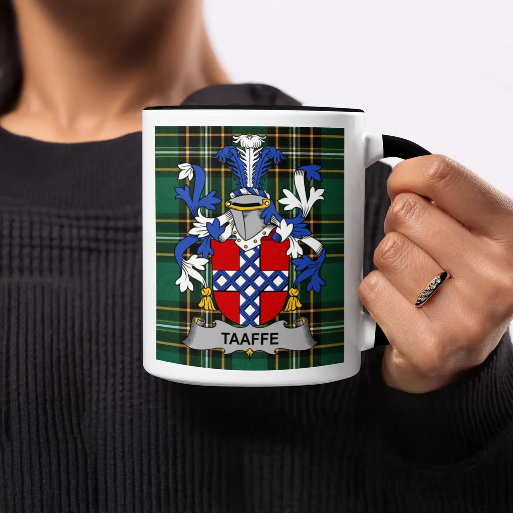 Mug with Taafe family crest on green tartan background.