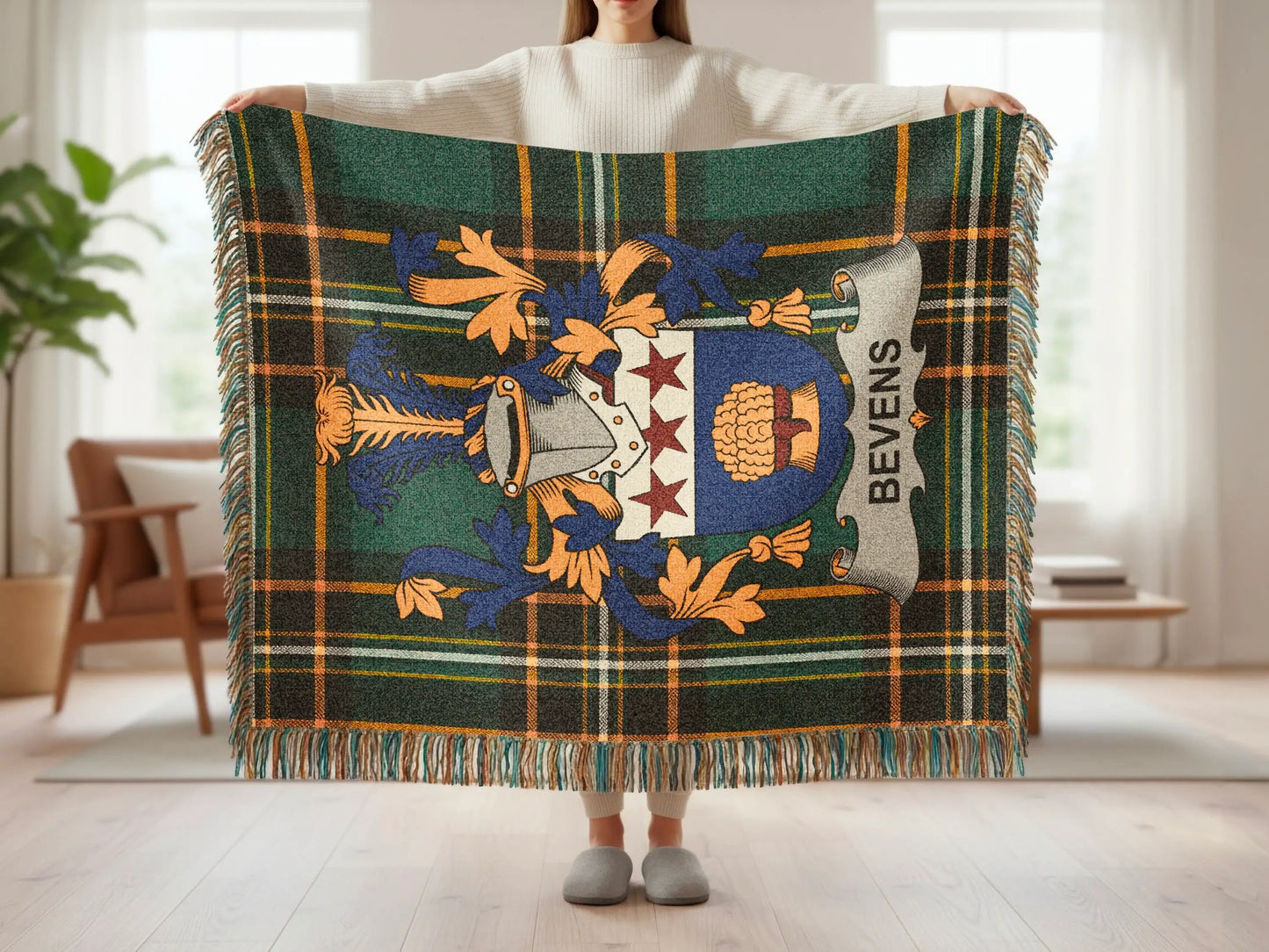 Green Orange Blue Plaid Bevens Crest Throw Blanket product type