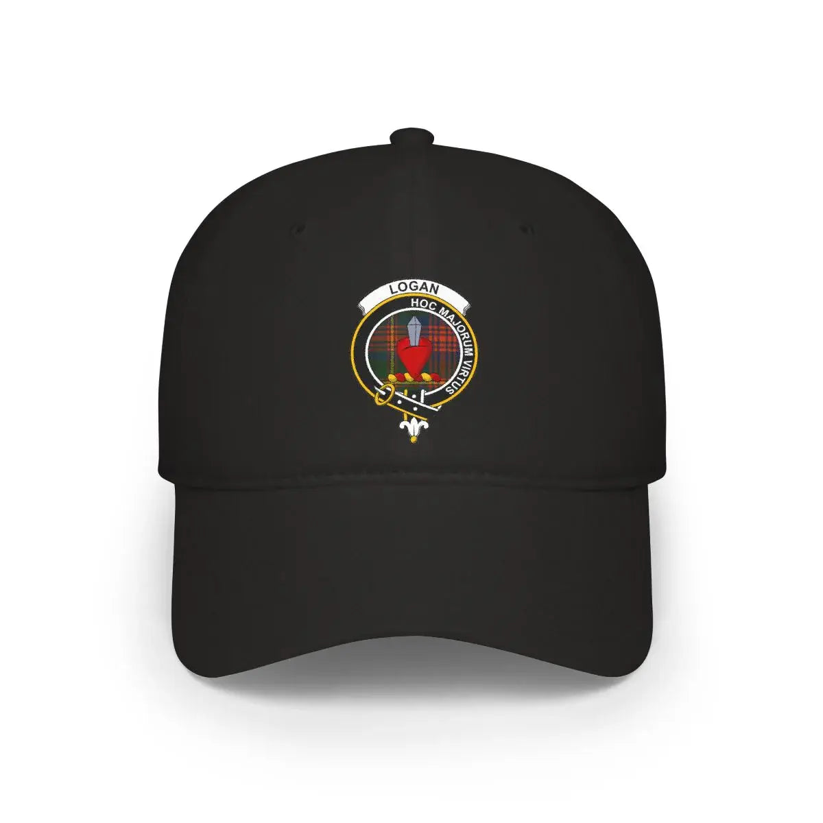 Logan clan crest tartan cap — 100% cotton with Hoc Majorum Virtus heraldic design