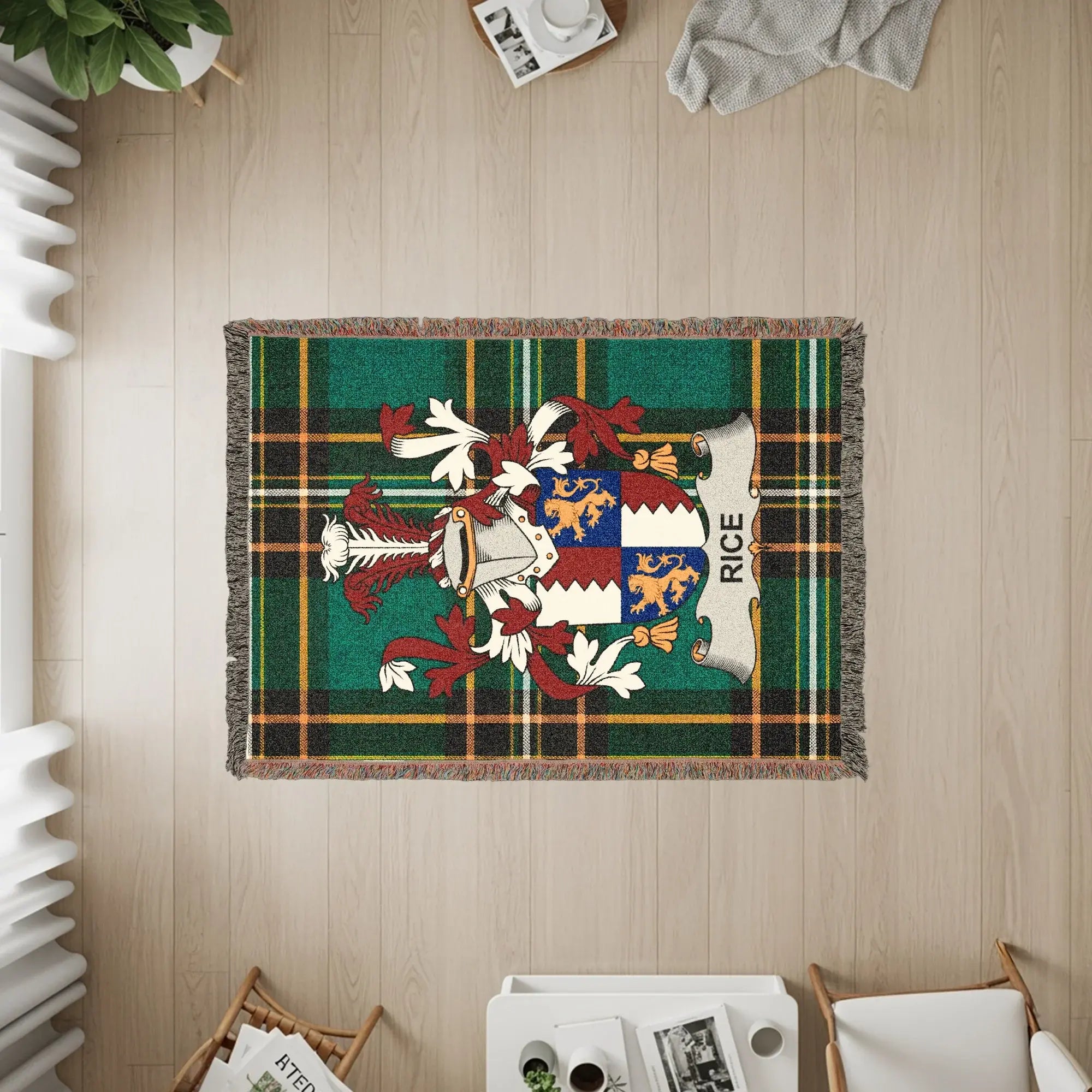 Tapestry with Rice family crest and tartan pattern on floor.