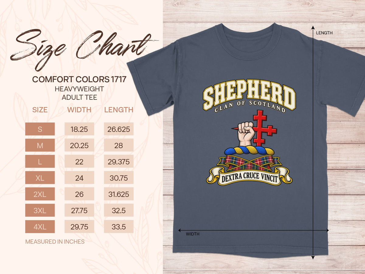 Comfort Colors 1717 size chart for the Shepherd Scottish clan T-shirt, adult sizes S–4XL.