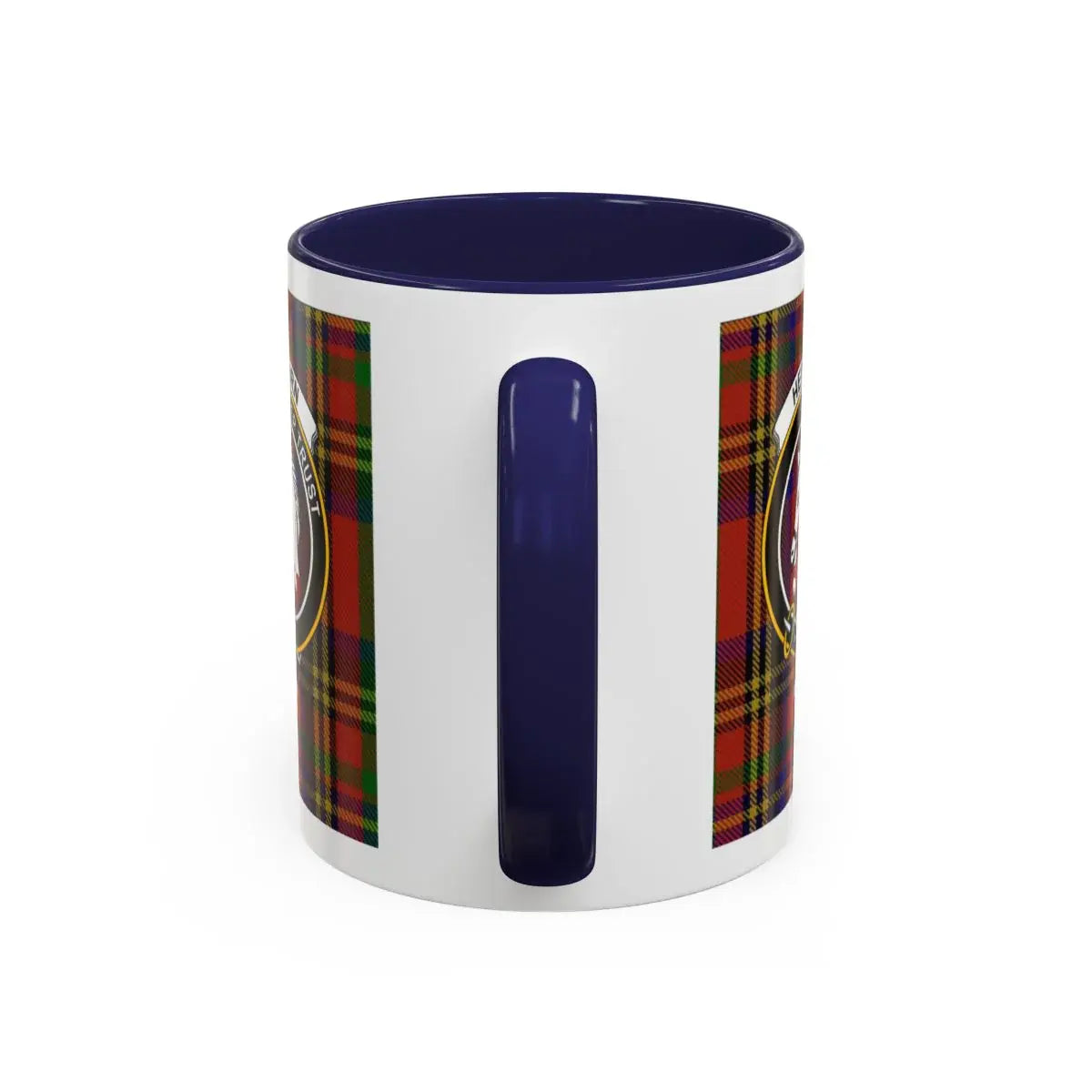 Hepburn clan tartan design ceramic coffee mug — Scottish plaid with horse crest, 11oz