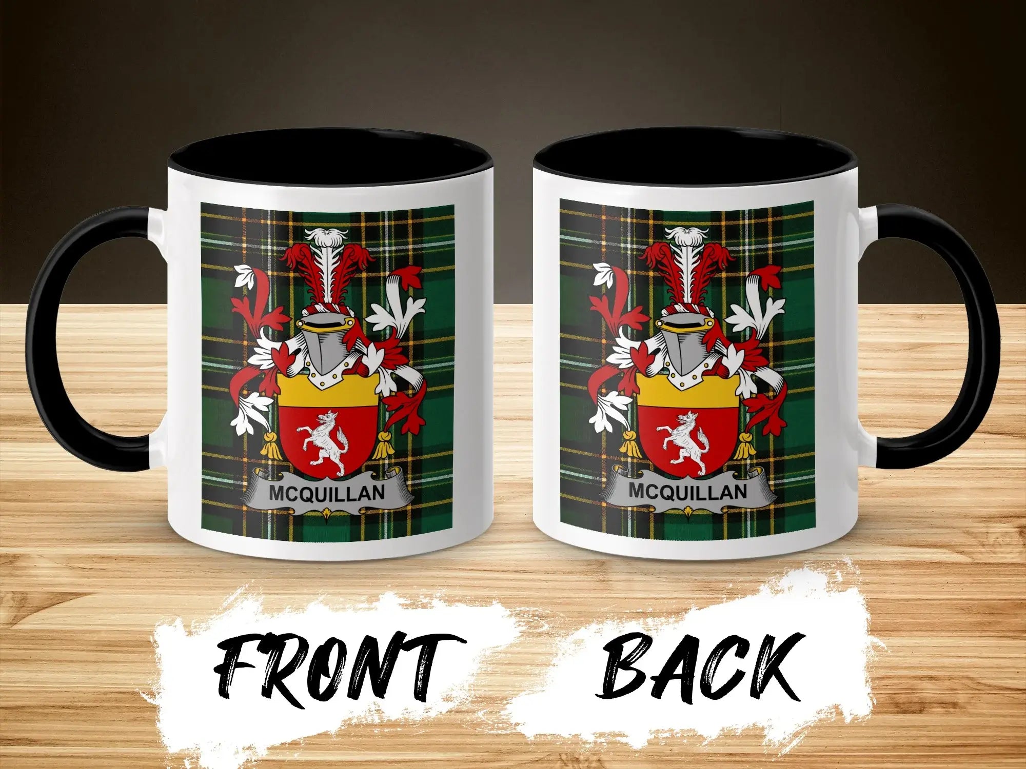Two mugs displaying the McQuillan coat of arms on a plaid background.