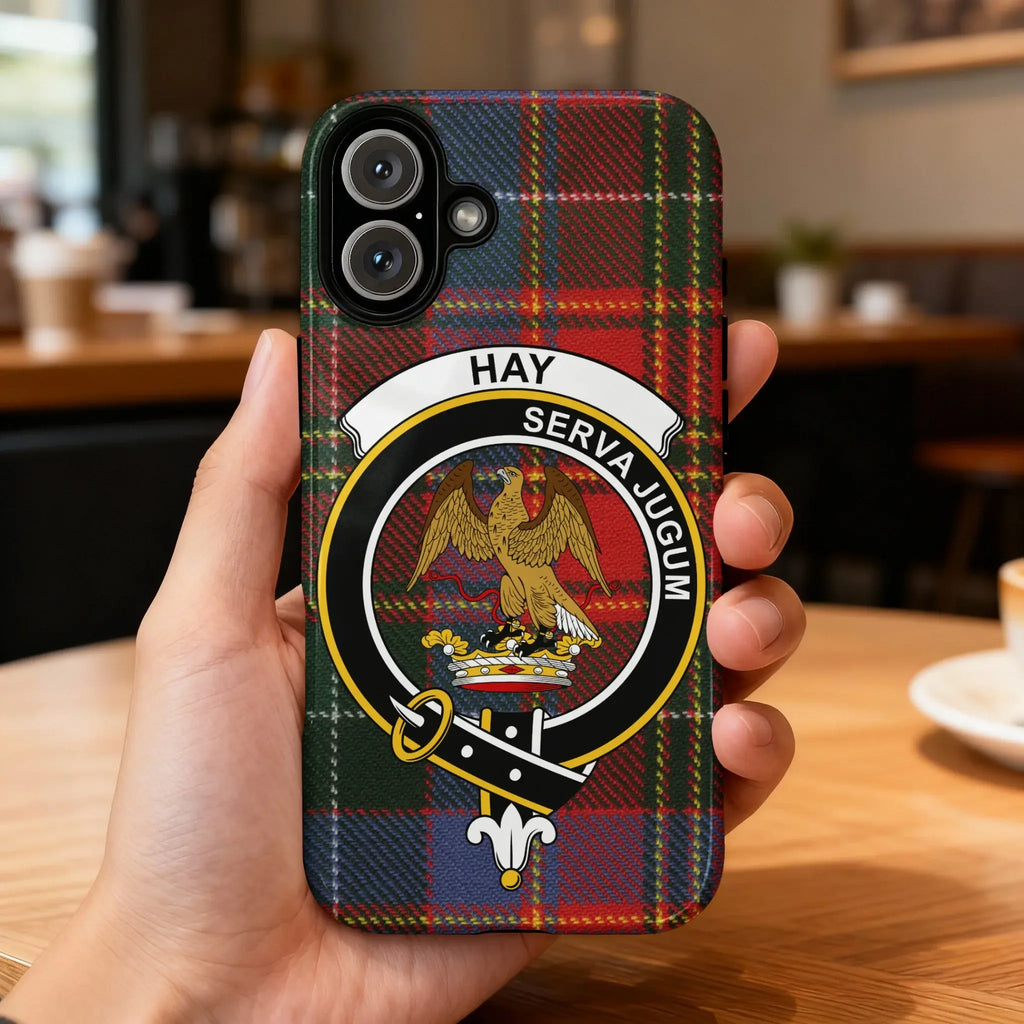 Hay clan crest tartan phone case — edge-to-edge plaid design with Serva Jugum eagle motto