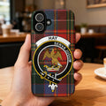 Hay clan crest tartan phone case — edge-to-edge plaid design with Serva Jugum eagle motto
