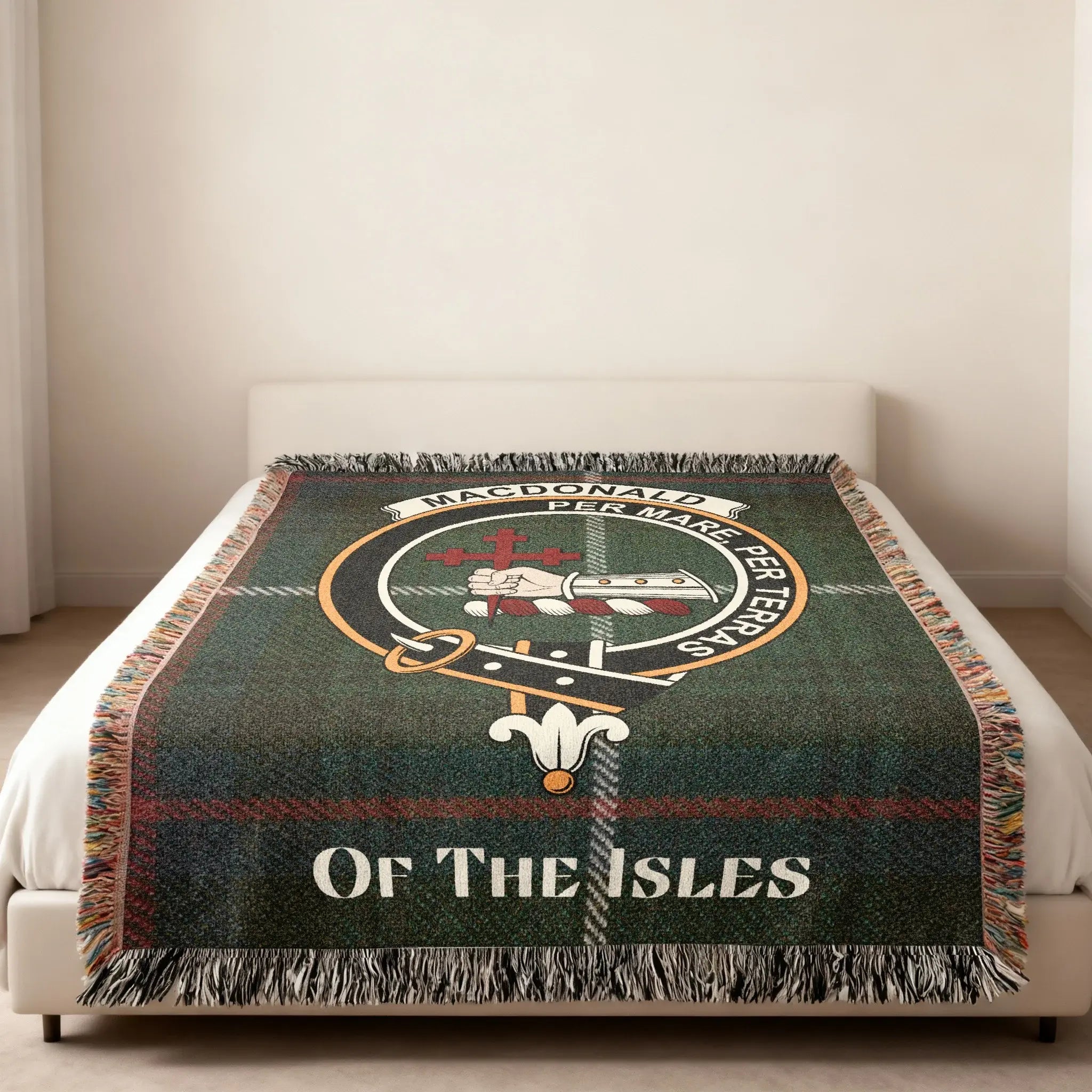 MacDonald of the Isles Per Mare Per Terras woven blanket — fringe edge visible, 100% cotton