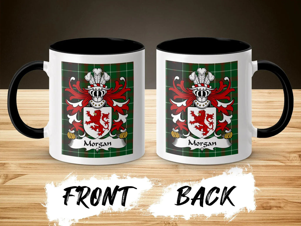 Morgan Welsh surname coffee mug showing front and back with coat of arms crest