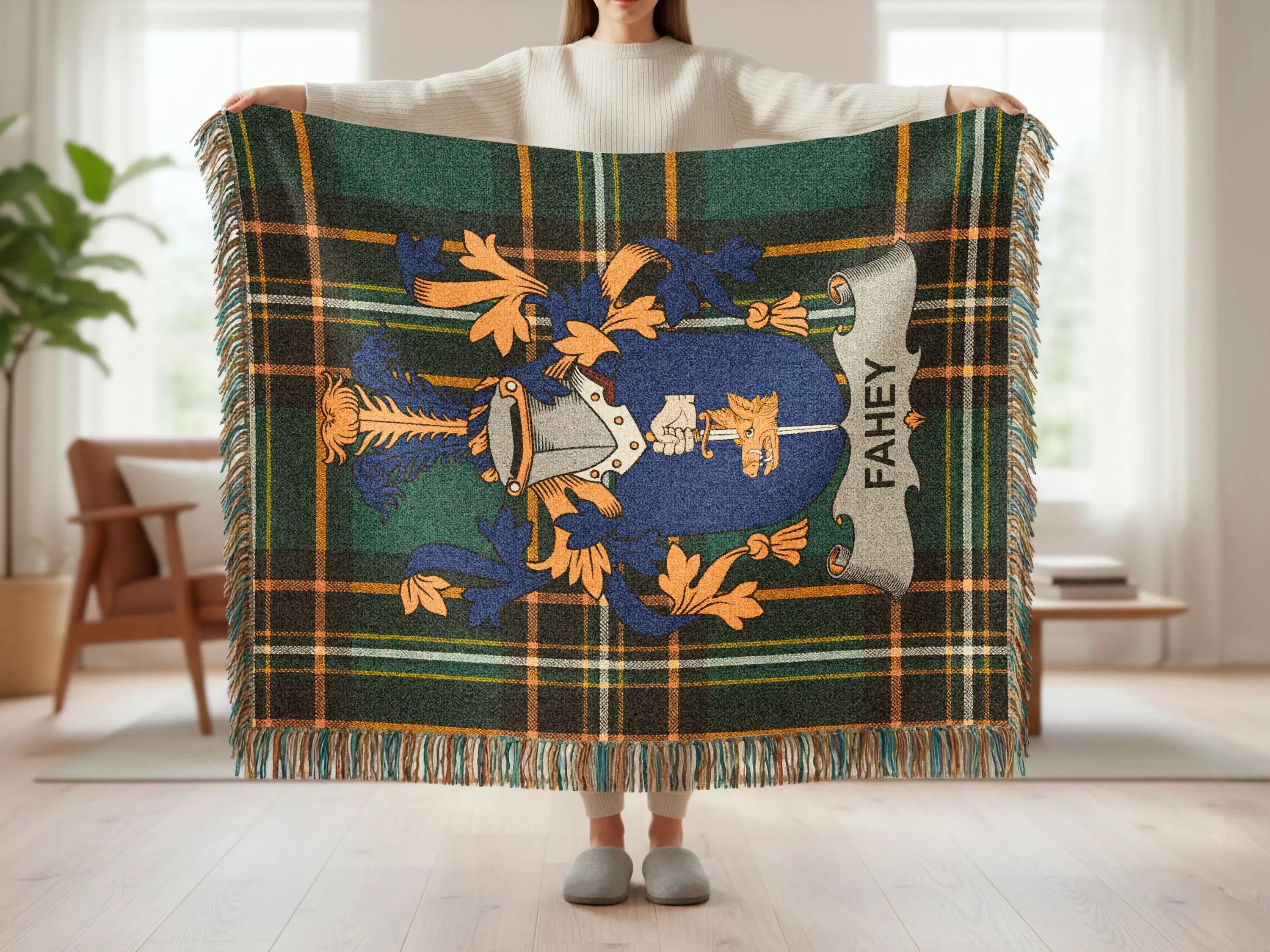 Fahey Clan Crest Tartan Plaid Green Black Orange Blanket product type