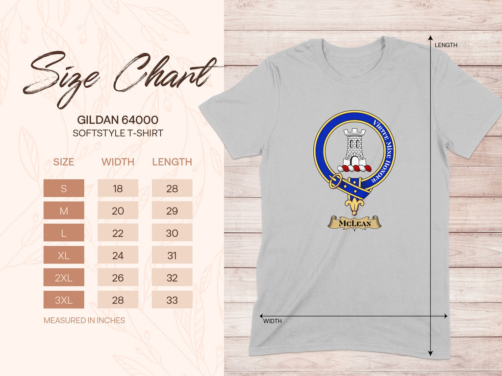 Gildan 64000 size chart for McLean Scottish clan crest T-shirt