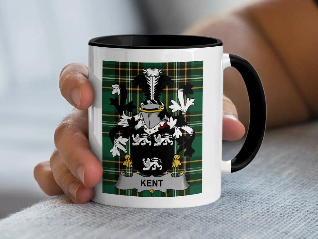 White mug with black handle displaying a green tartan pattern and the "KENT" family crest.