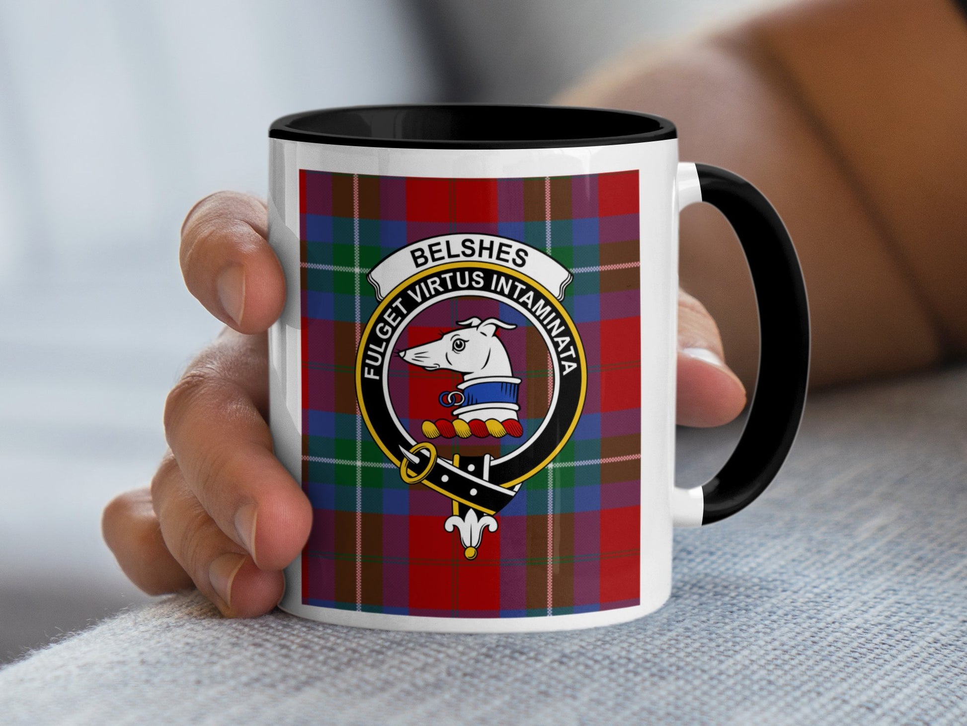 Clan Belsches Crest Emblem on Plaid Background Mug - Living Stone Gifts