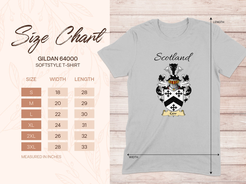 Gildan 64000 size chart for the Caw unisex T-shirt, sizes S to 3XL