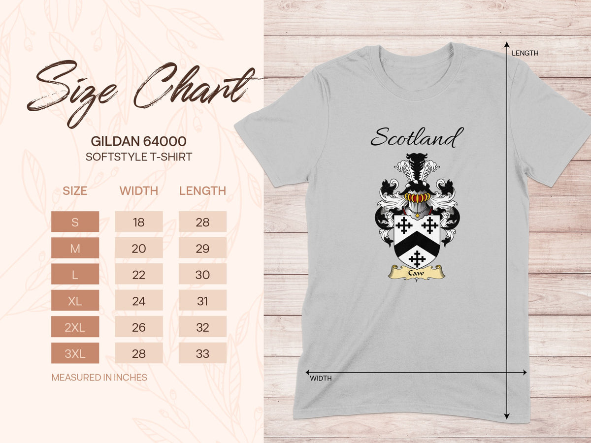 Gildan 64000 size chart for the Caw unisex T-shirt, sizes S to 3XL