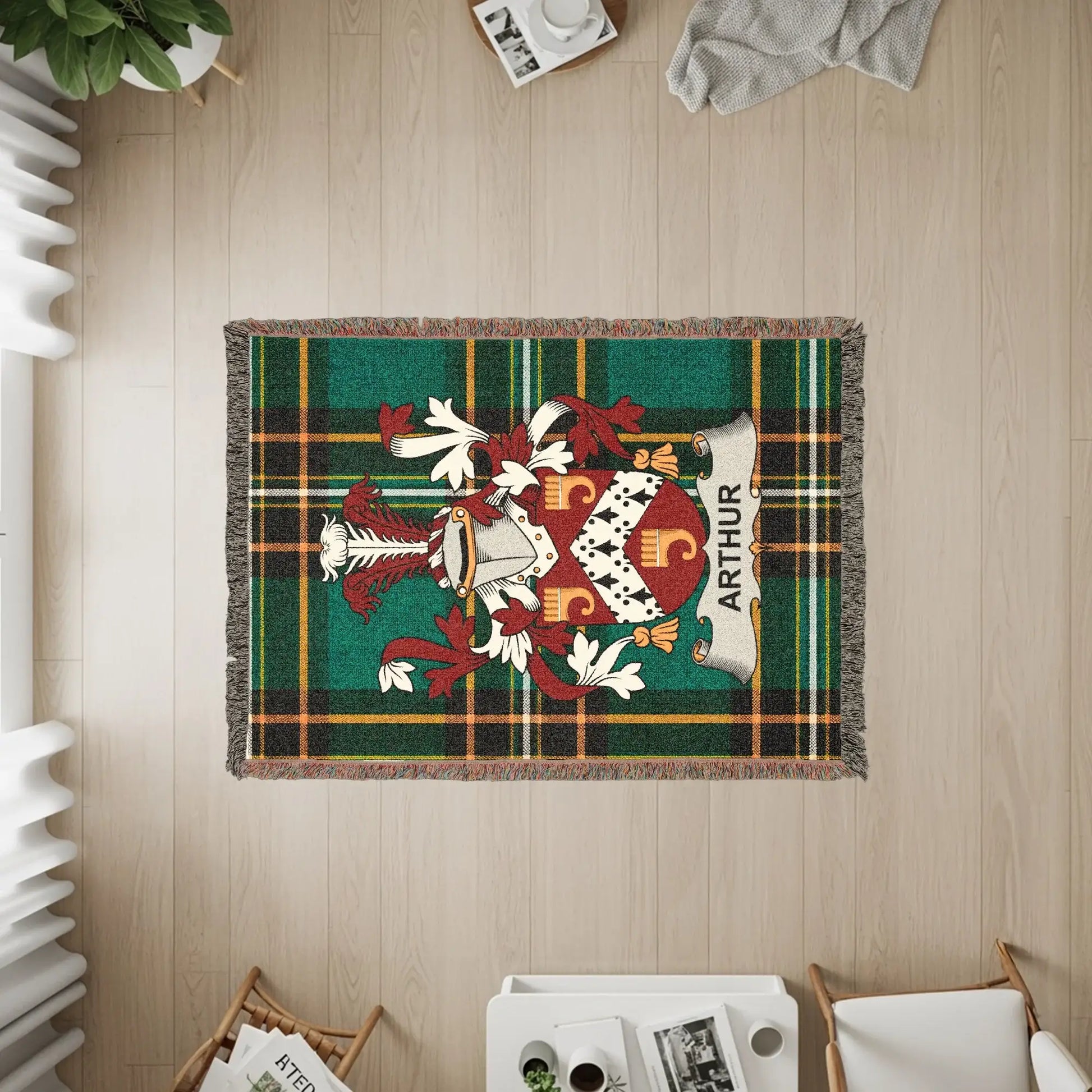 Arthur Family Crest Green Gold Plaid Fringed Throw product type