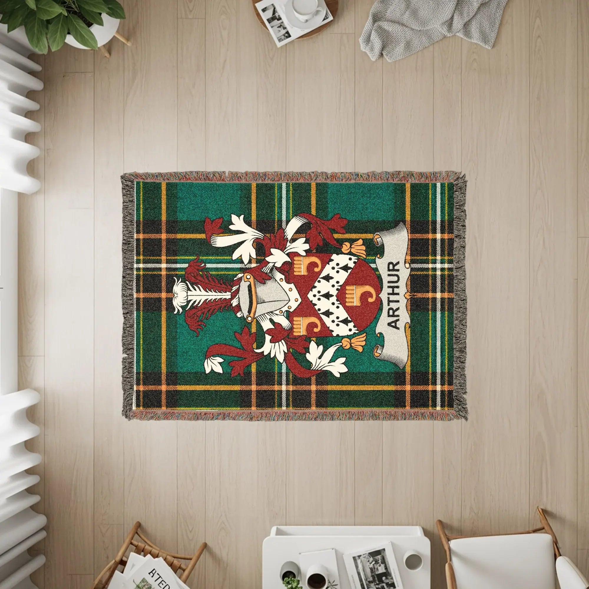Arthur Family Crest Green Gold Plaid Fringed Throw product type