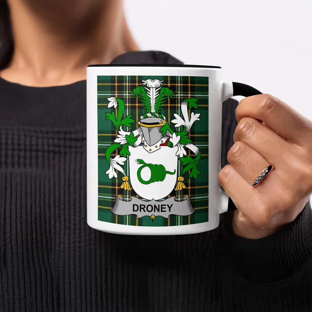 Mug with green plaid design and DRONEY family crest.
