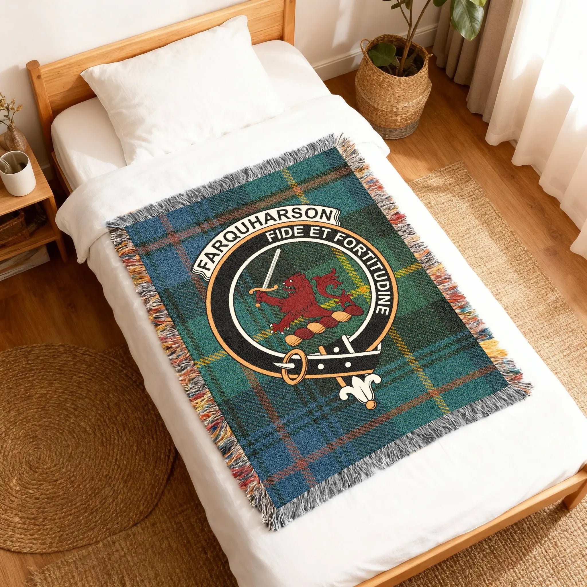 Farquharson clan tartan woven blanket close-up — cotton yarn construction, crest and motto Fide et Fortitudine