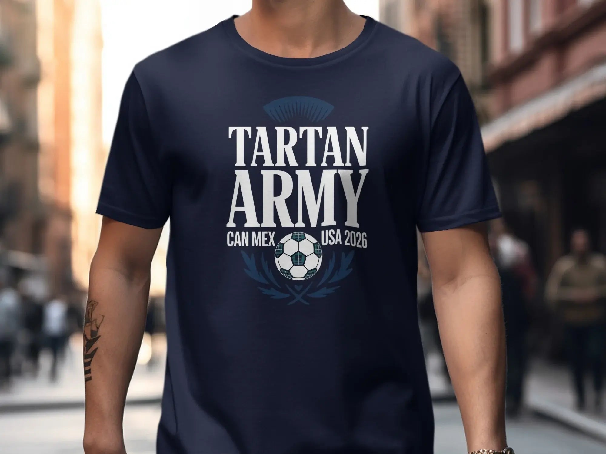 Navy t-shirt with "TARTAN ARMY" and soccer ball graphic.