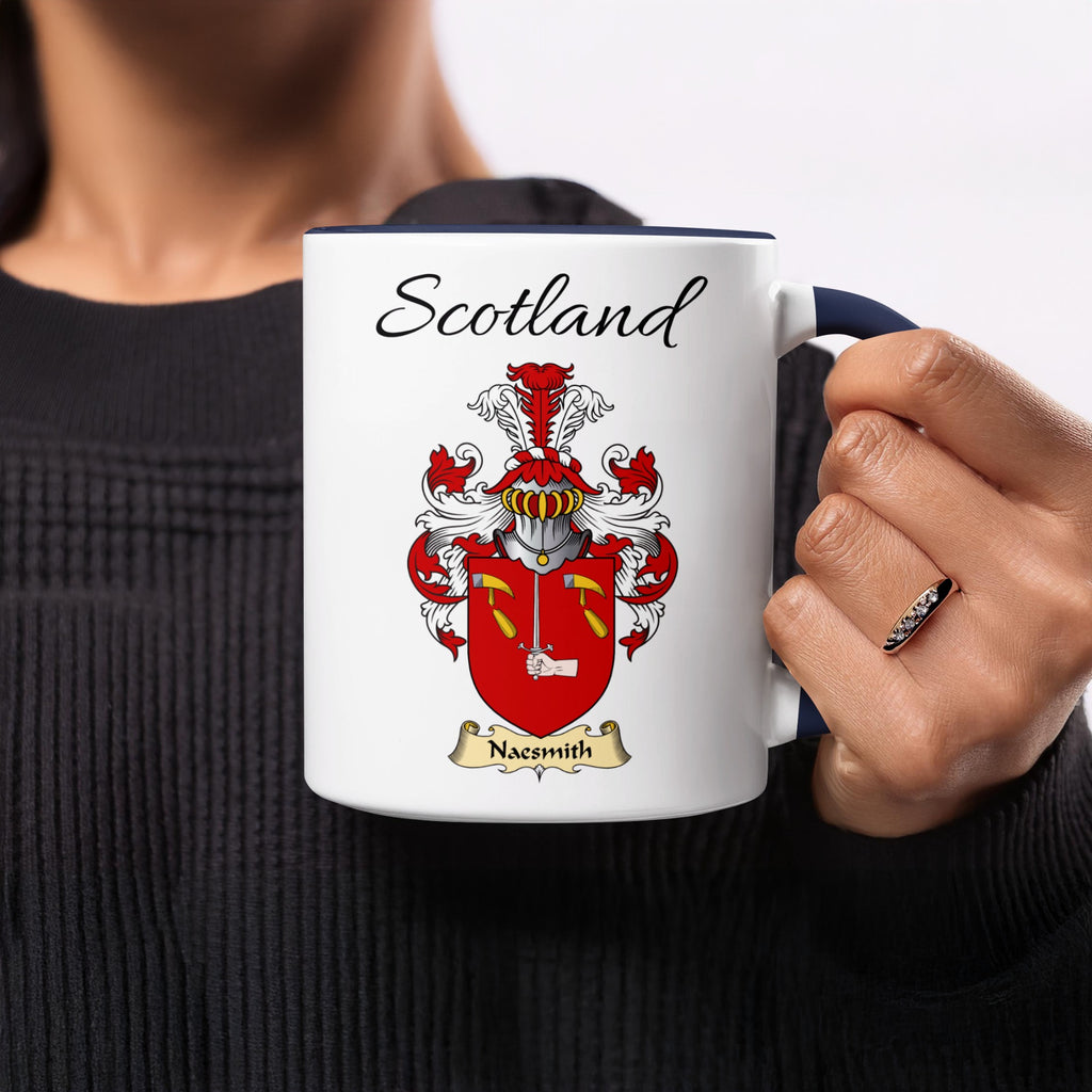 Naesmith 11 oz Scottish family crest ceramic mug showing a Scotland-topped heraldic emblem