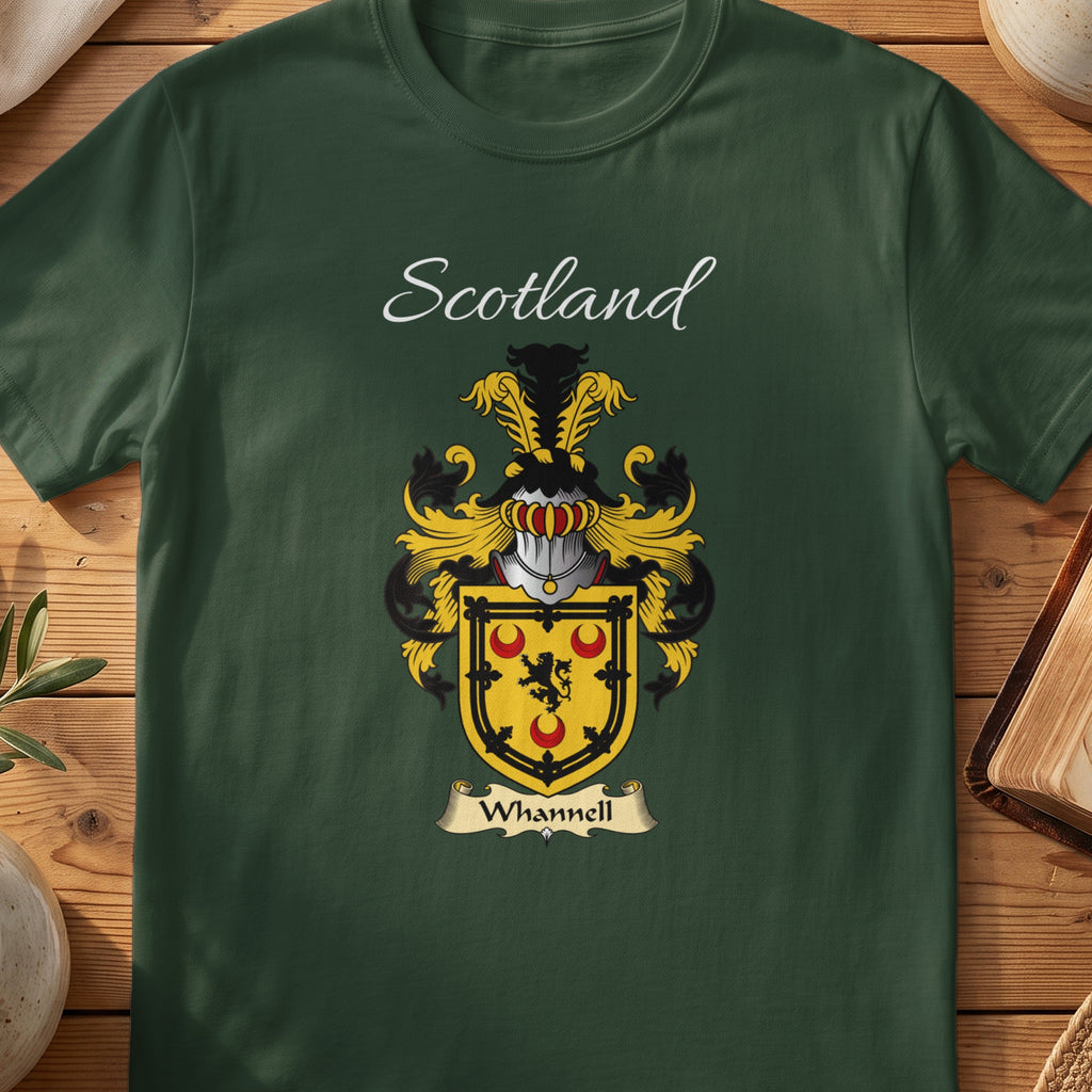 Forest Green Whannell Scottish T-shirt laid flat with coat of arms artwork and “Scotland” text.