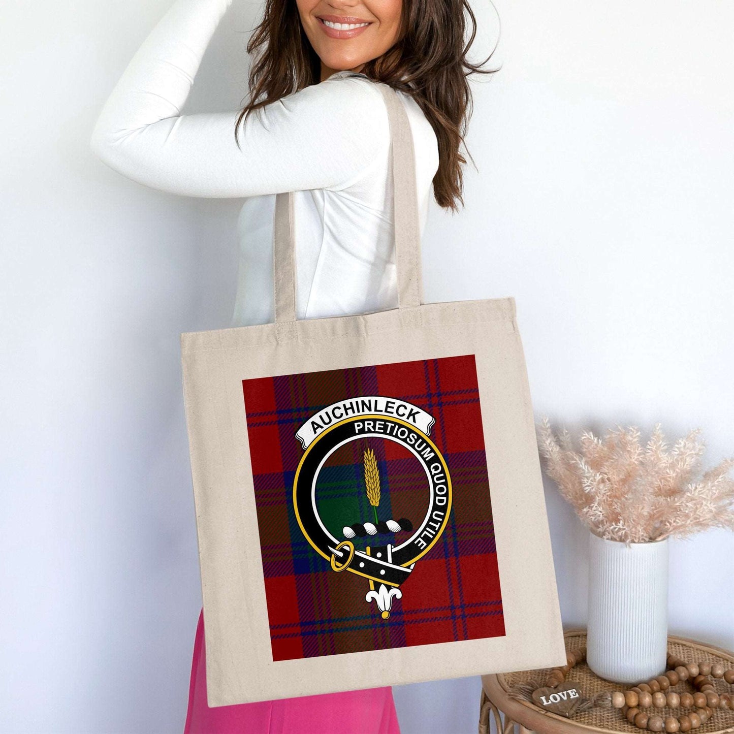 Auchinleck Clan Crest on Scottish Tartan Tote Bag - Living Stone Gifts