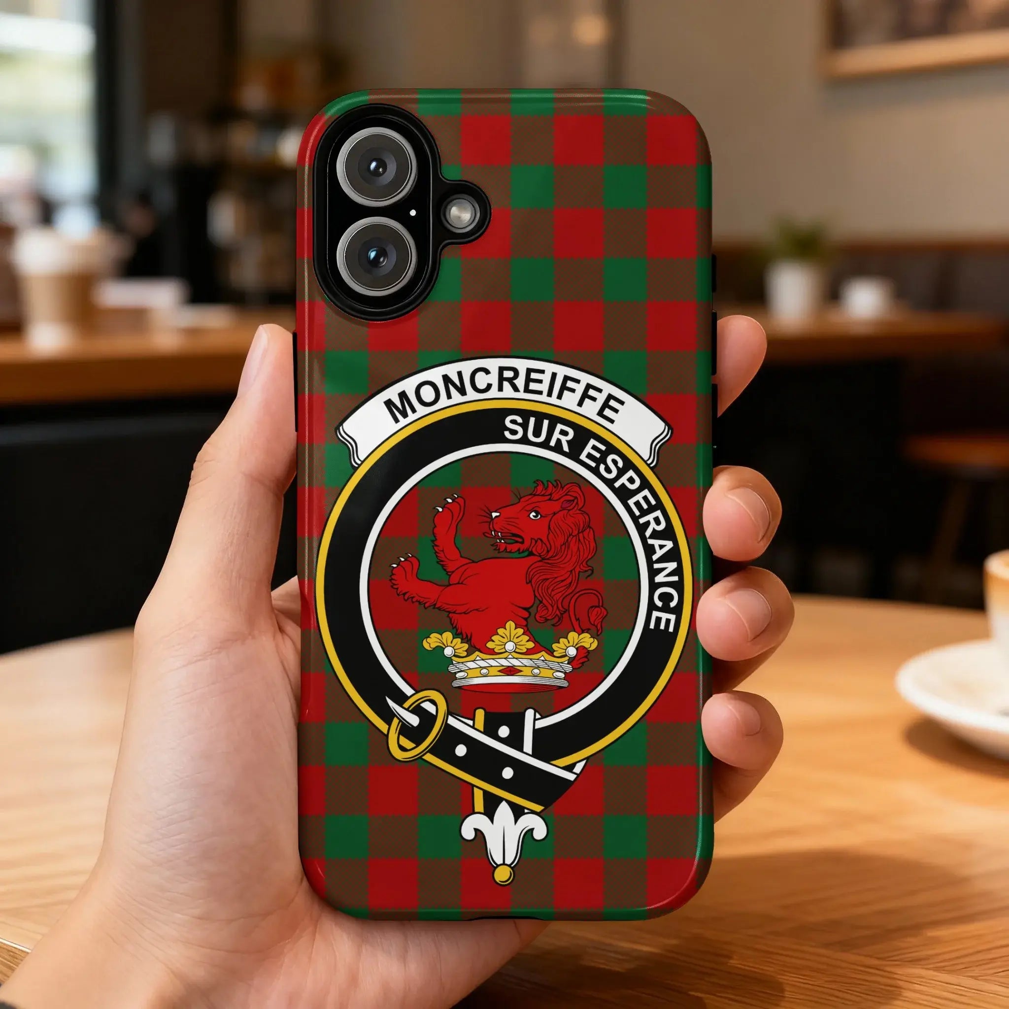 Moncreiffe clan crest red lion tartan phone case rear view — edge-to-edge glossy wrap print