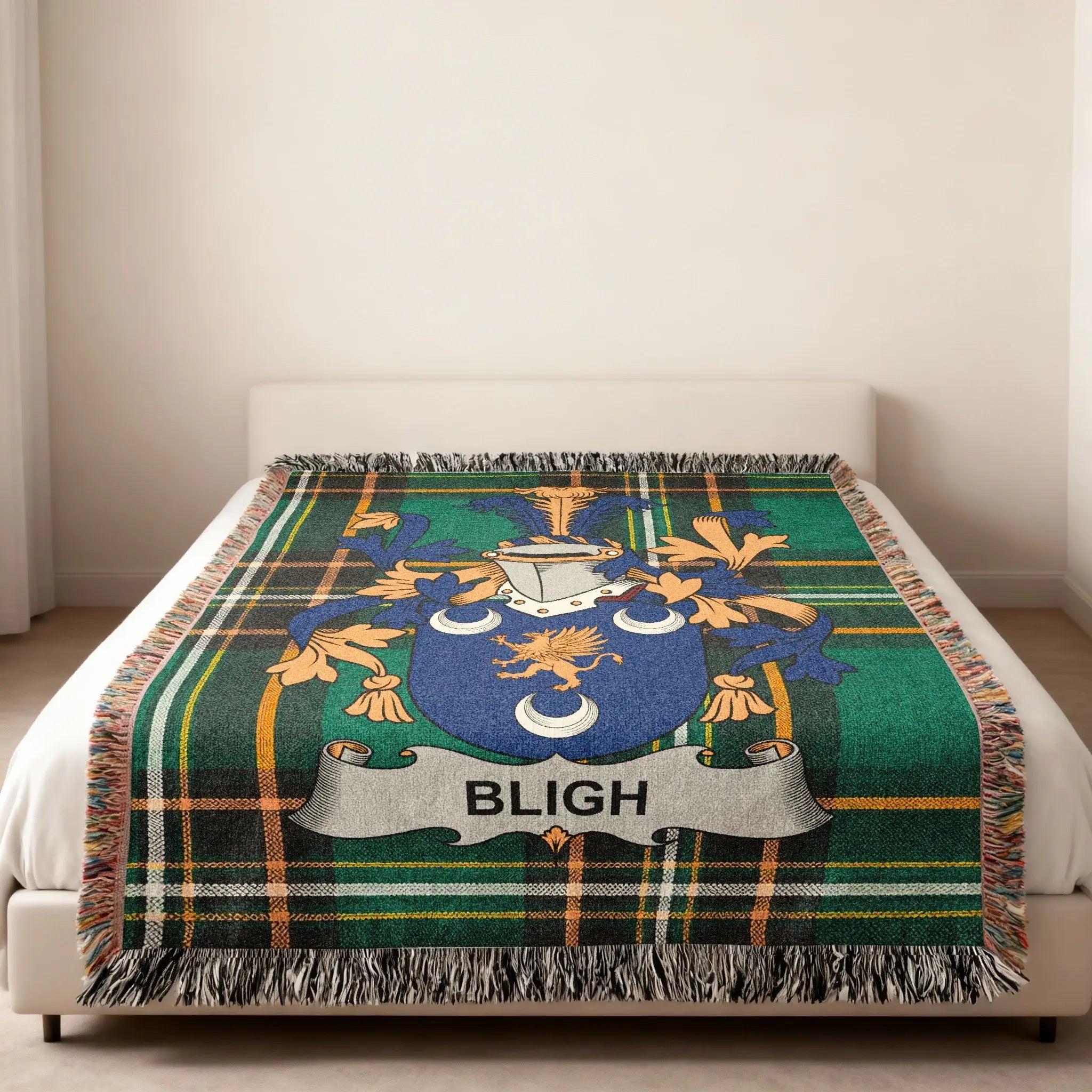 Bligh Family Crest Plaid Green Clan Heraldry Throw Blanket