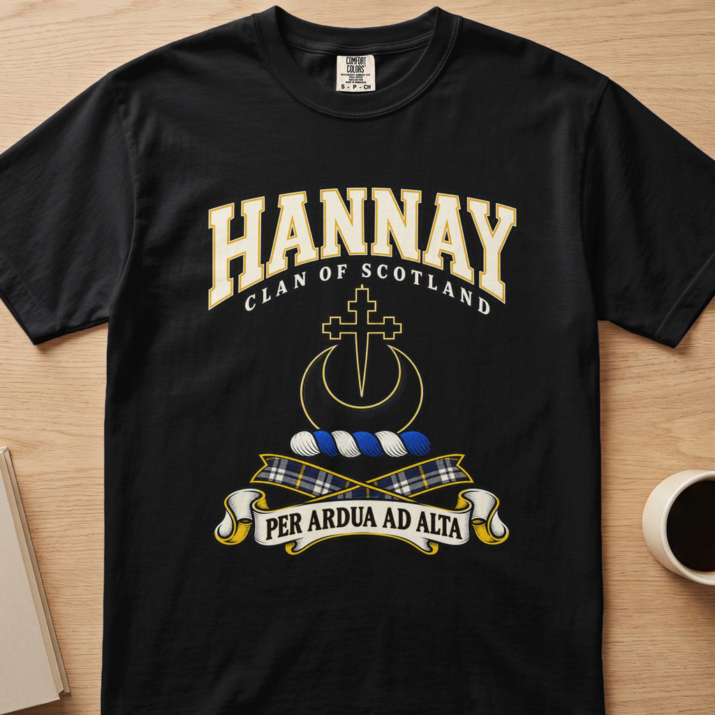 Hannay outlined cross and crescent crest graphic on a black Comfort Colors T-shirt, front view