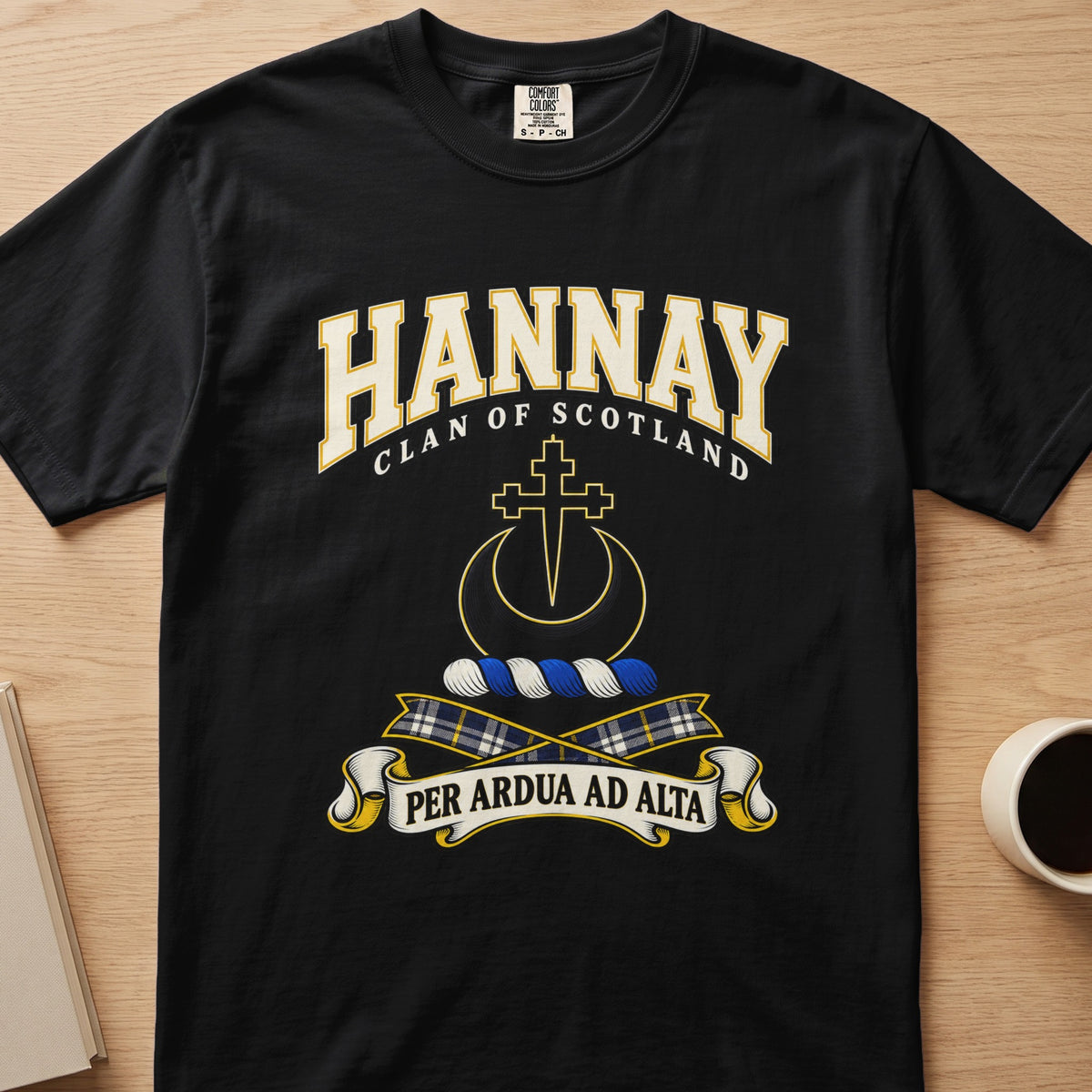 Hannay outlined cross and crescent crest graphic on a black Comfort Colors T-shirt, front view
