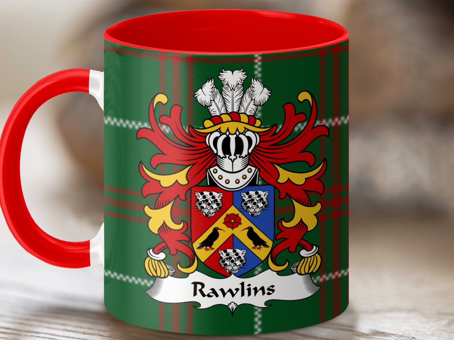 Rawlins Welsh Surname Coat of Arms on Tartan Background Mug - Living Stone Gifts