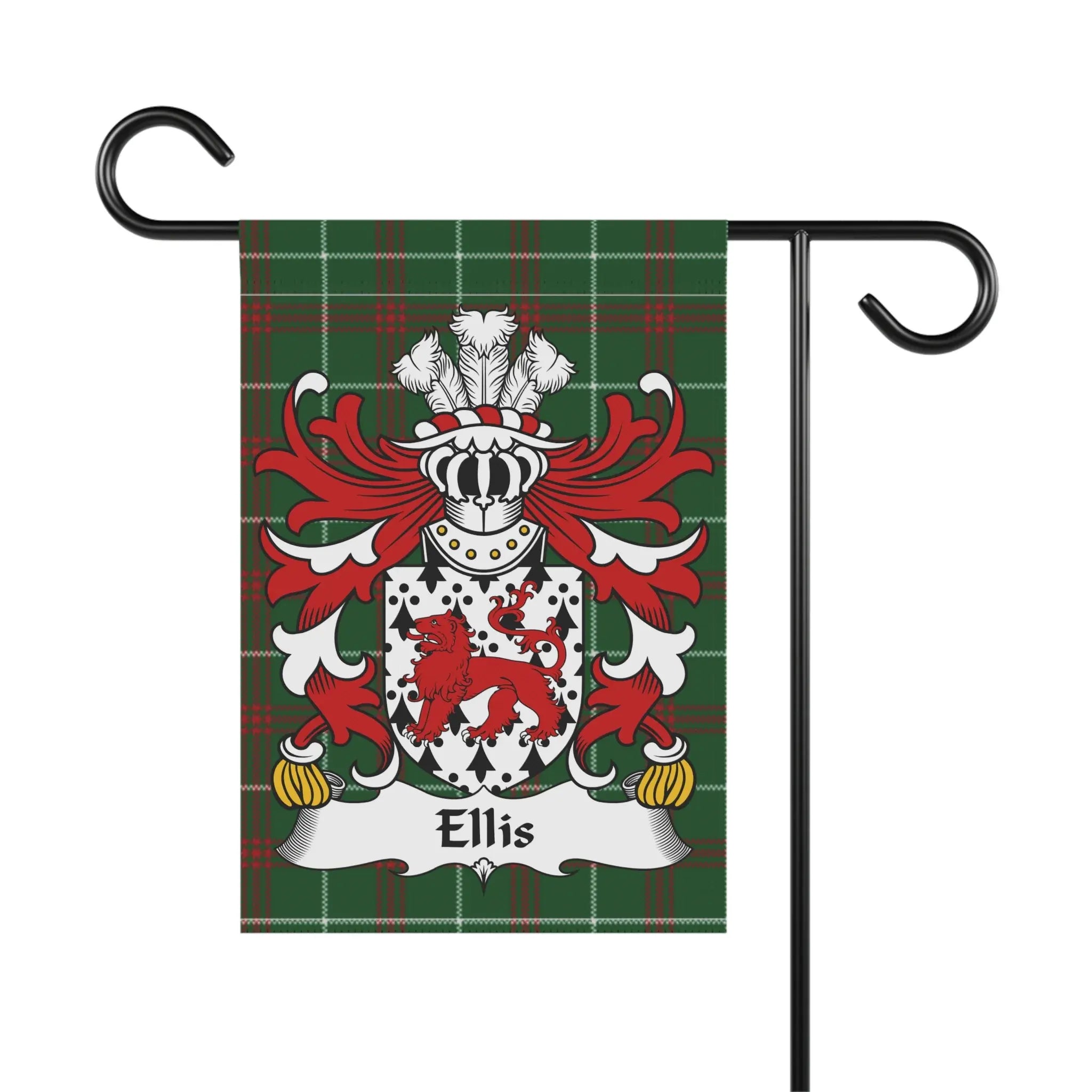 Ellis family crest on a green plaid garden flag.