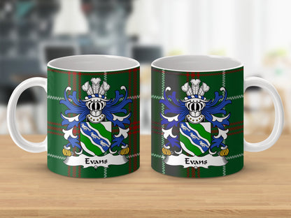 Evans Coat of Arms on Welsh National Tartan Mug - Living Stone Gifts