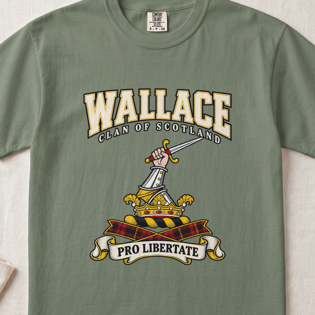 Wallace graphic T-shirt in Moss green, front flat lay showing varsity lettering and armoured arm holding sword.