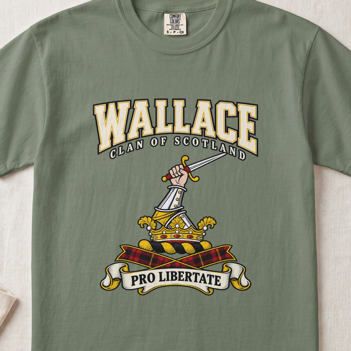 Wallace graphic T-shirt in Moss green, front flat lay showing varsity lettering and armoured arm holding sword.