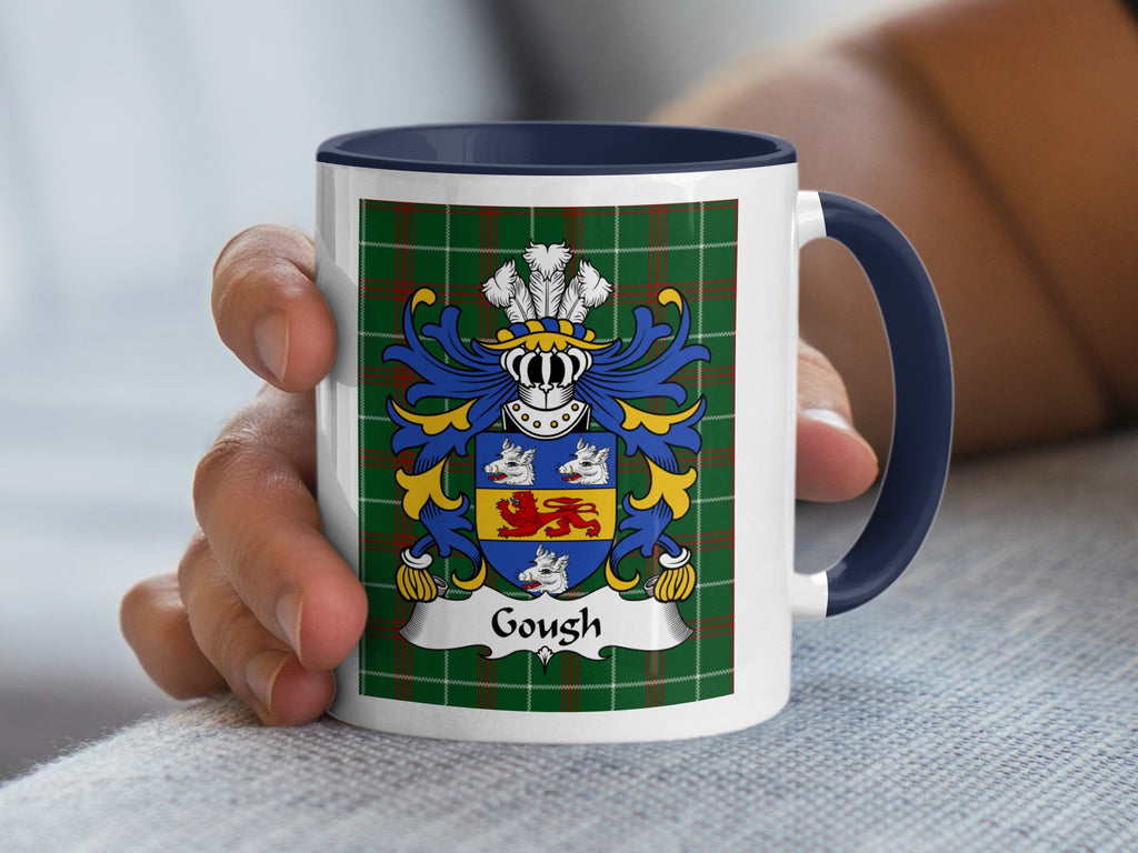 White mug with blue handle displaying a family crest with the name "Gough".