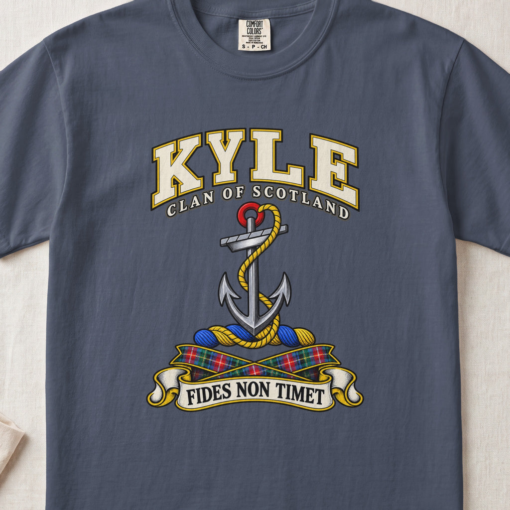 Kyle Scottish clan T-shirt in Midnight, front view with an anchor with a coiled rope and motto design.