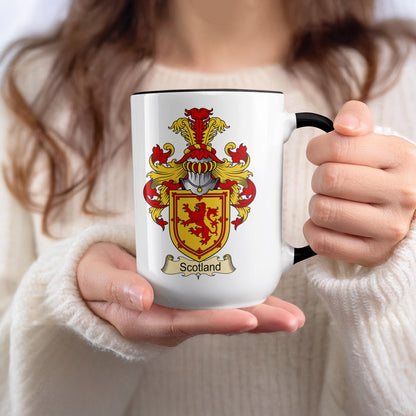 Mug featuring the Scotland coat of arms with a shield, helmet, and crown.