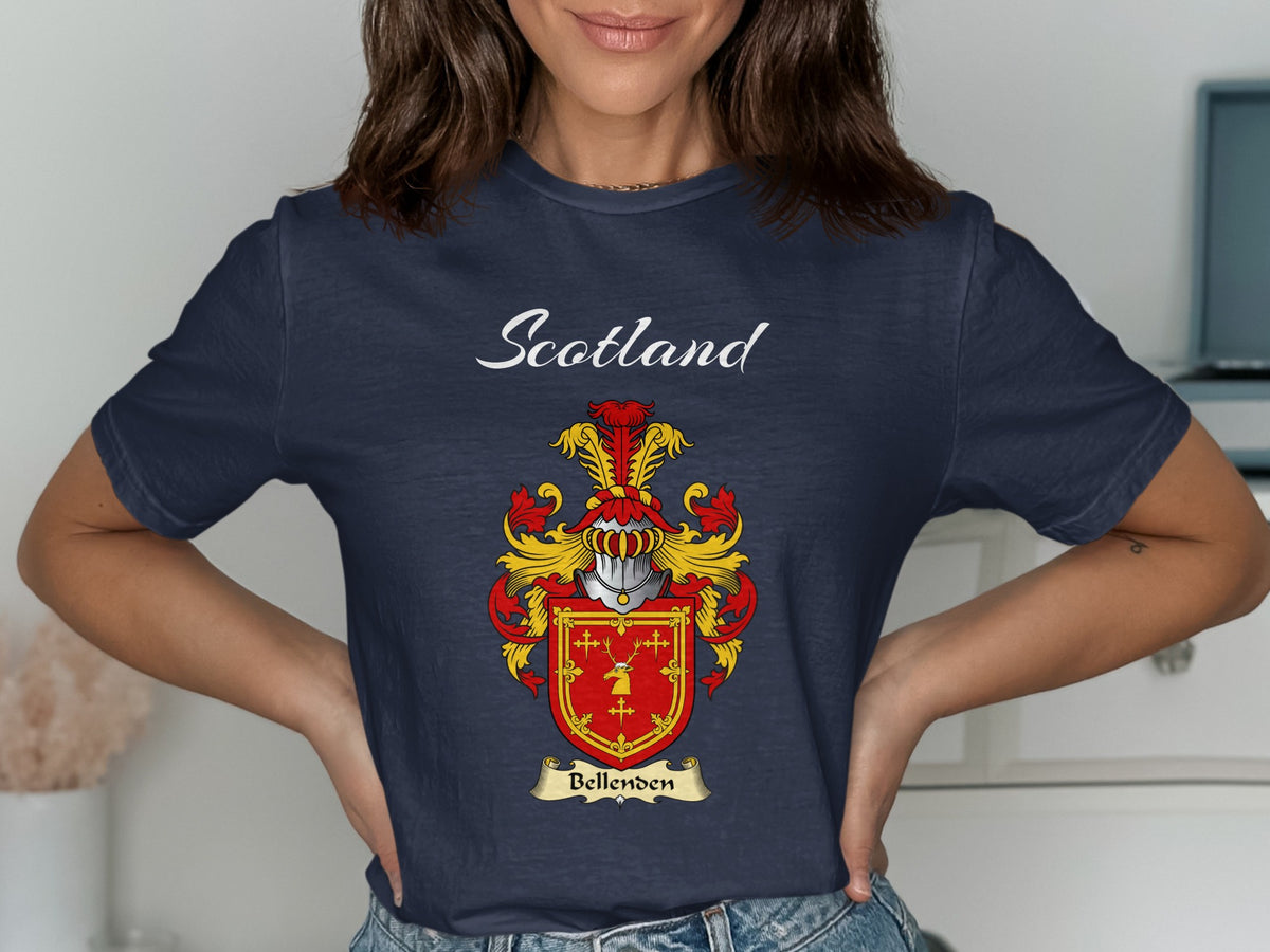Bellenden Scottish family shield design on Navy T-shirt