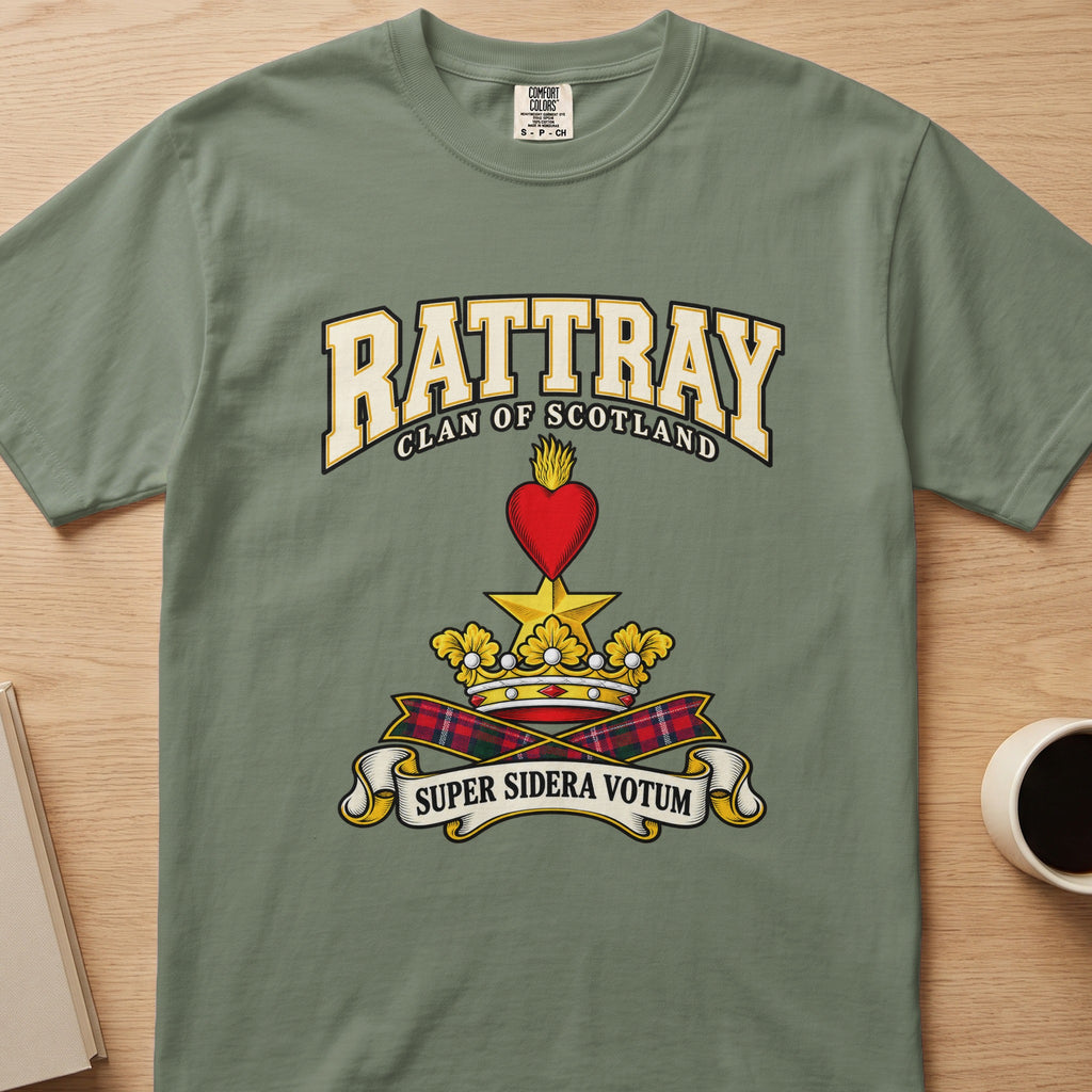 Rattray clan T-shirt in sage green, front view with red heart above a gold star and crown