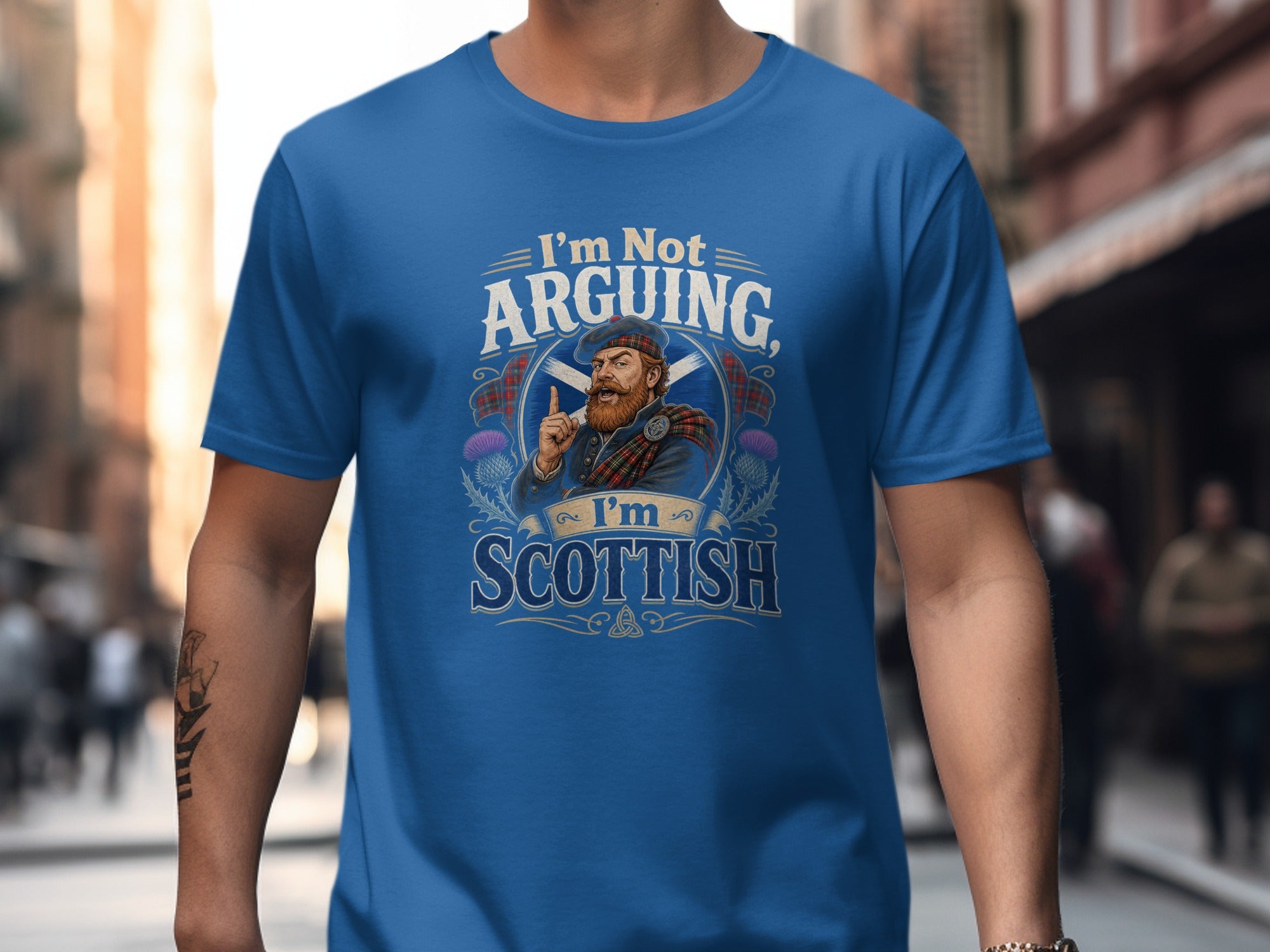 T-shirt with illustration "I'm Not Arguing, I'm Scottish" and Scottish man.