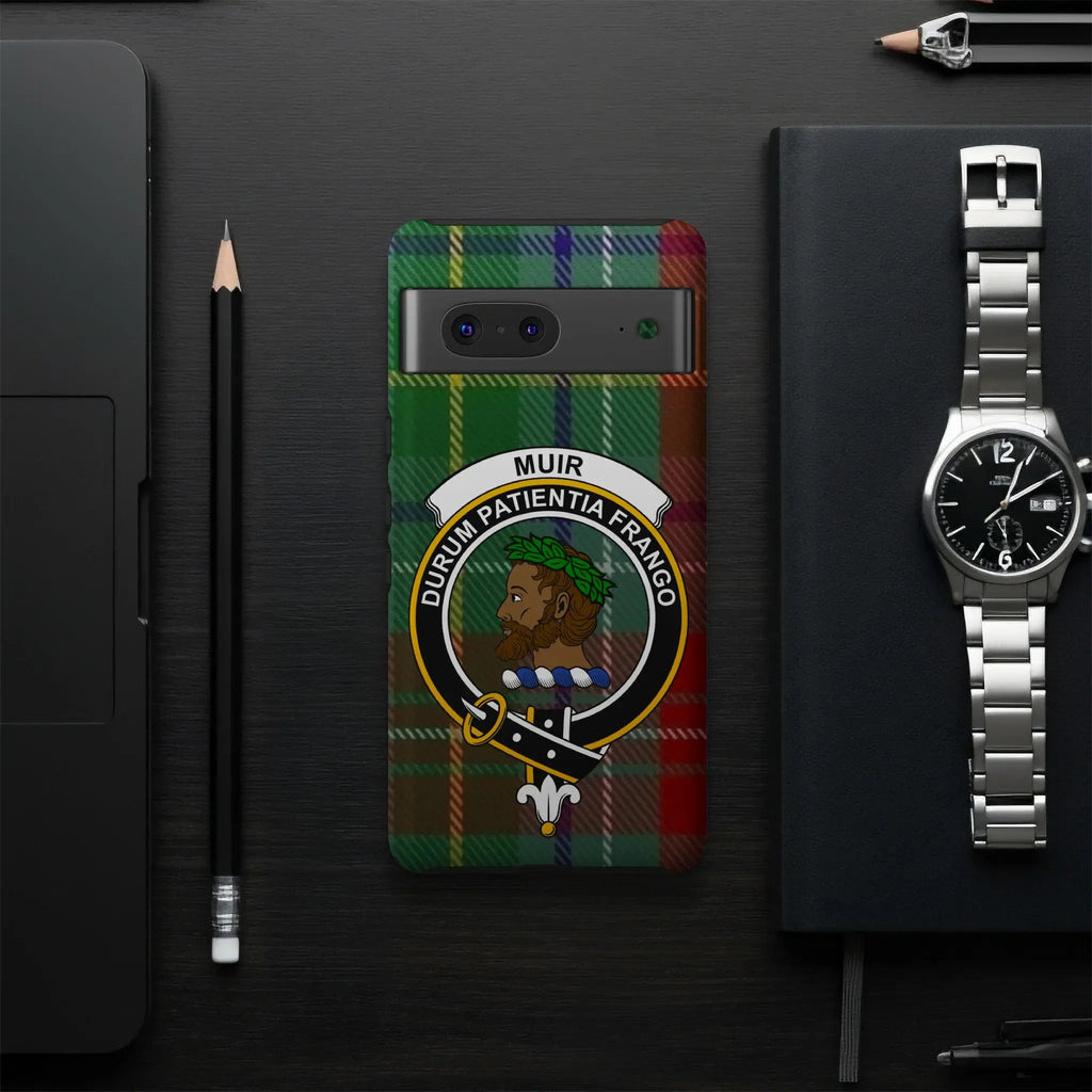 Muir clan crest tartan phone case rear view — Durum Patientia Frango motto on glossy wrap print