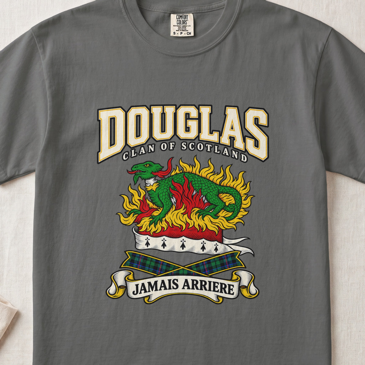 Douglas graphic T-shirt in Pepper gray, front flat lay showing varsity lettering and green salamander amid gold and red flames.
