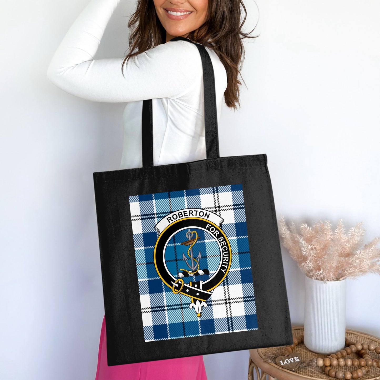 Scottish Clan Crest with Tartan Background Tote Bag - Living Stone Gifts