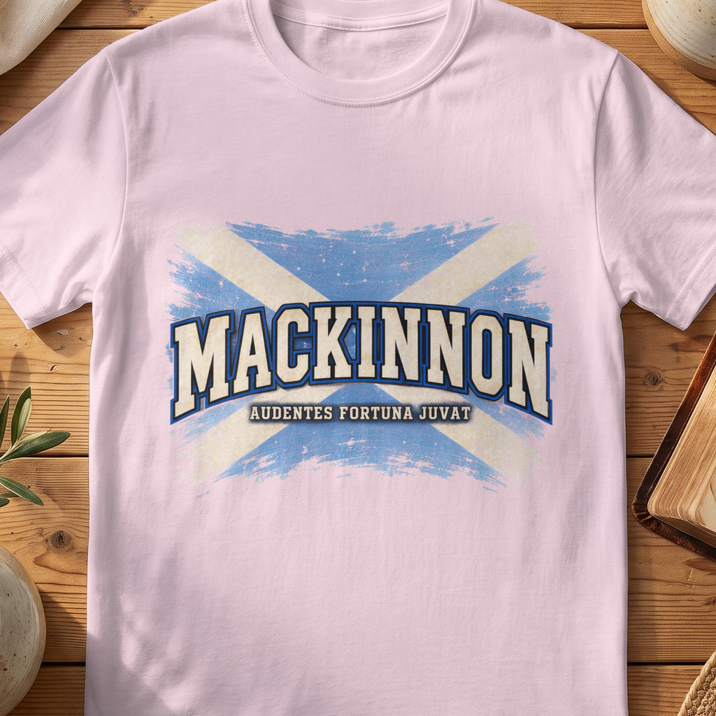 MacKinnon Scottish Saltire T-shirt in Light Pink, with distressed blue and cream flag and “Audentes Fortuna Juvat” lettering.