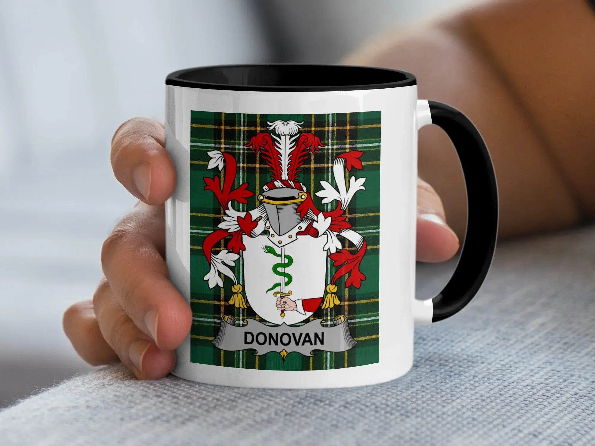 Donovan Irish family crest black accent mug