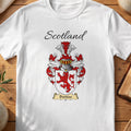 White Dundas Scottish family shield T-shirt featuring a red lion on a white shield