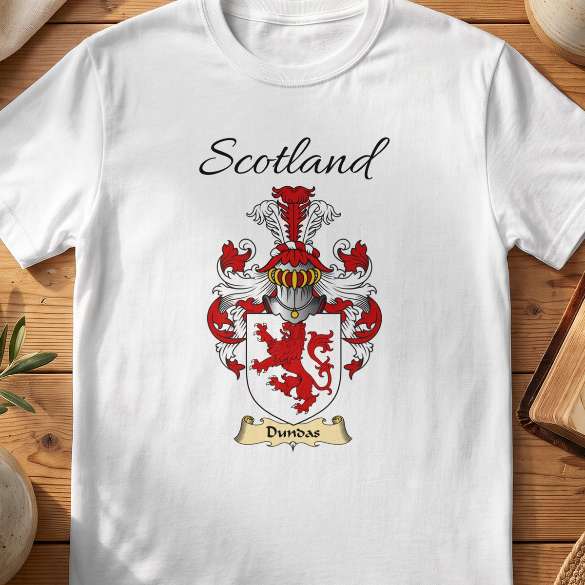 White Dundas Scottish family shield T-shirt featuring a red lion on a white shield