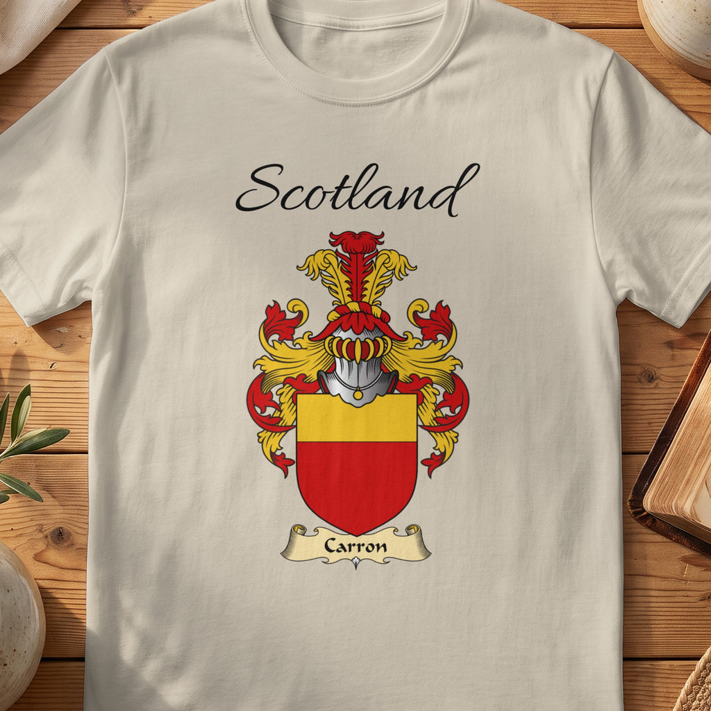 Sand Carron Scottish family shield T-shirt featuring a gold horizontal band on red