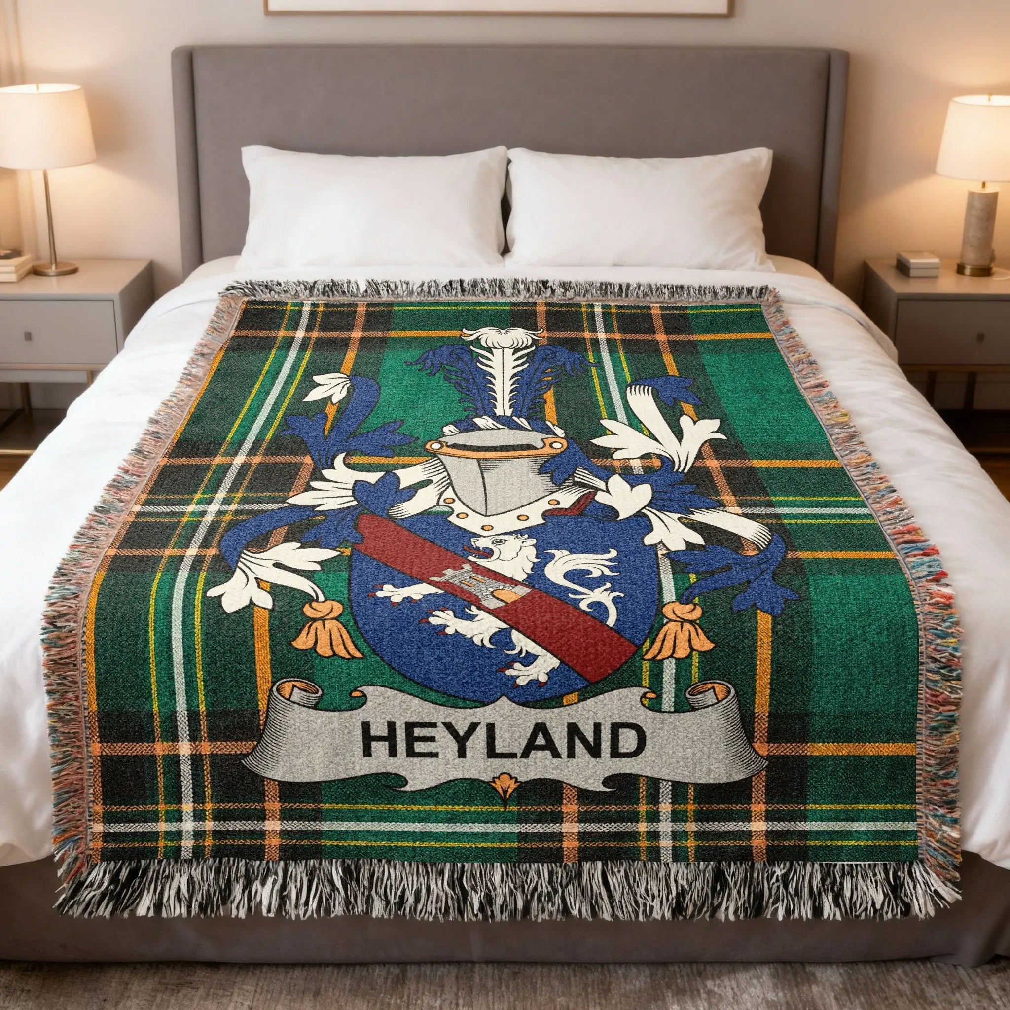 Plaid blanket with Heyland family crest centered.